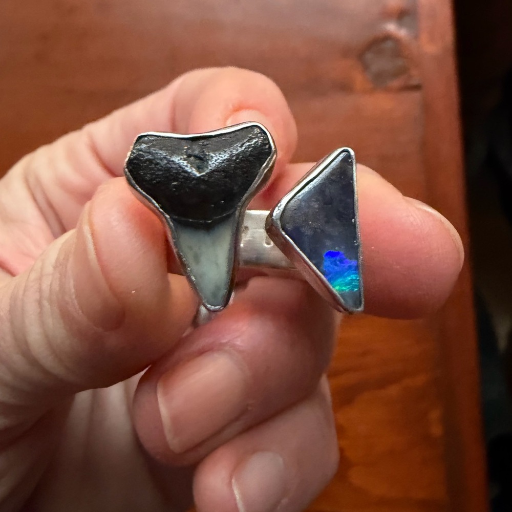 Found at Sea Collective Fossil Shark Tooth and Opal Ring fits size 7-8